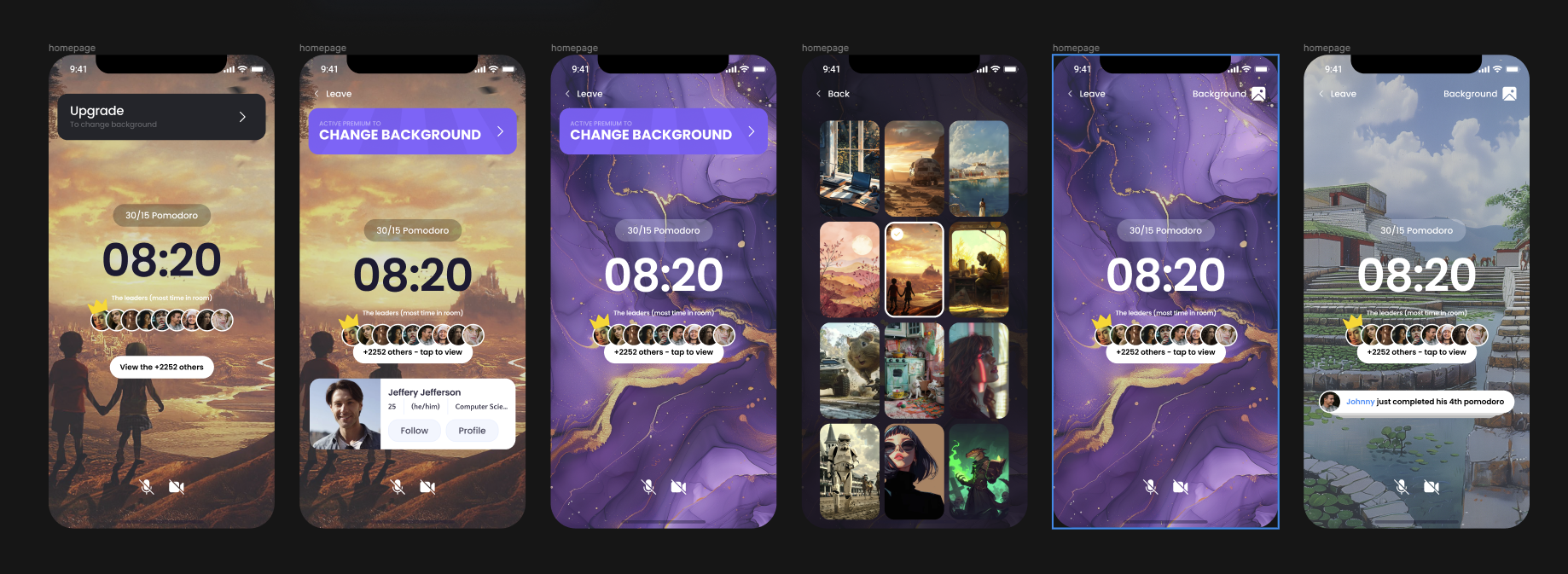 Five iPhone screens showing Pomodoro timer, background gallery, and social notifications